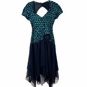 A La Carte Sequined Chiffon Dress Women's Size 9-10 Black Green Vintage 80s